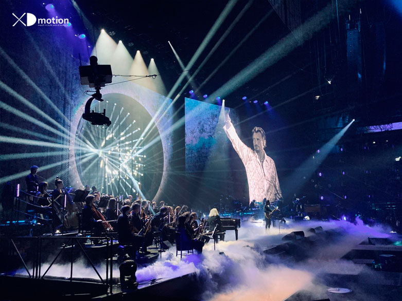 X fly 2d cablecam live for Johnny Hallyday tribute on France TV from Accord Arena